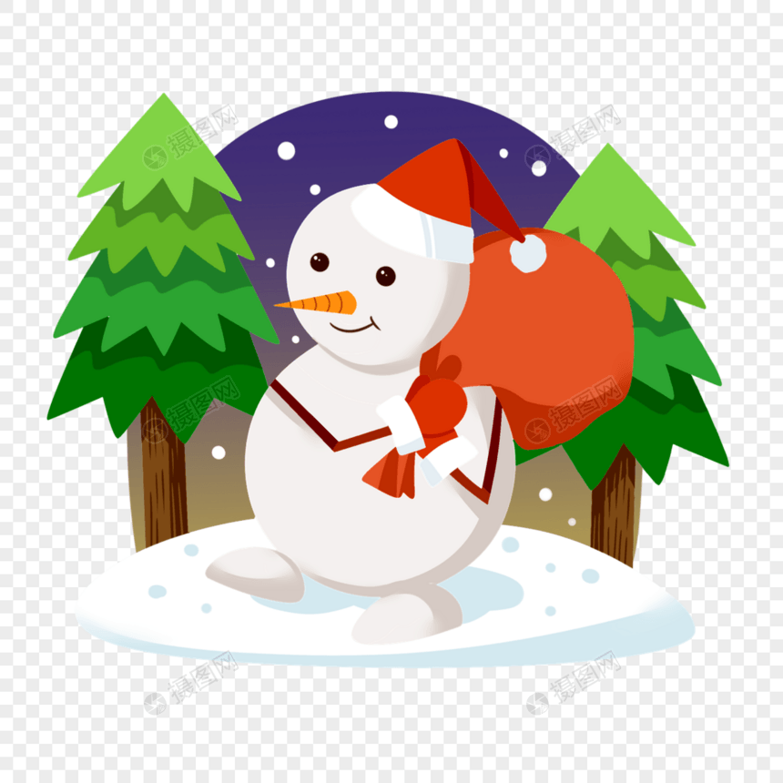 卡通可爱背着包裹走路的圣诞雪人图片