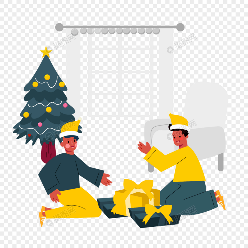 黄色服饰圣诞节快乐惊喜圣诞礼物卡通插画图片