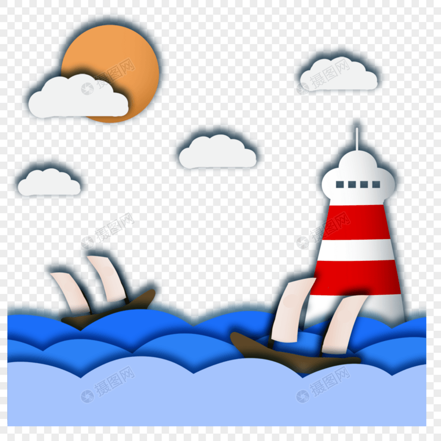 创意剪纸帆船海浪灯塔太阳图片