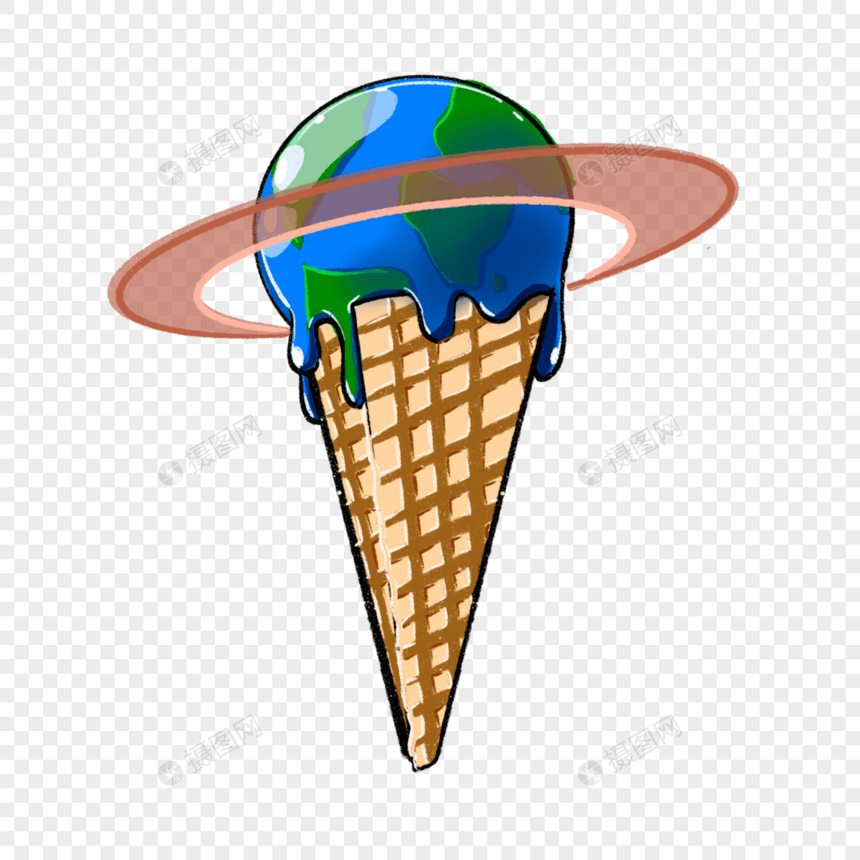 太空宇宙融化的蓝色地球星球冰淇淋蛋筒全球暖化图片