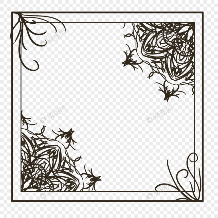 黑色线条树木花朵线稿花纹边框图片