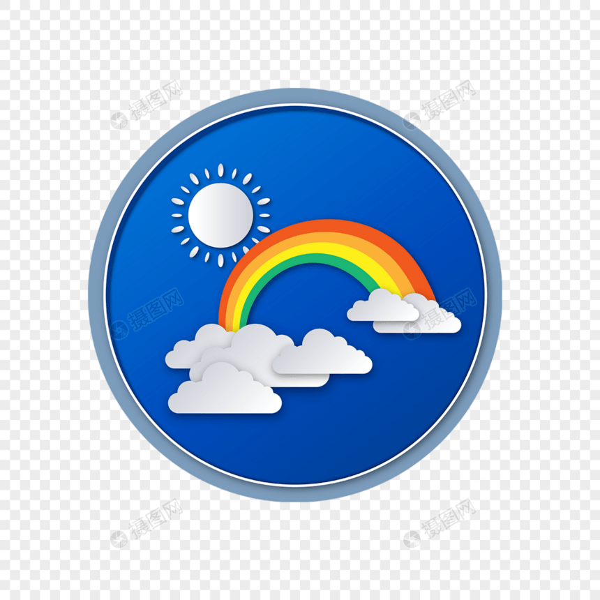 剪纸风格阳光彩虹天气蓝色圆形背景图片
