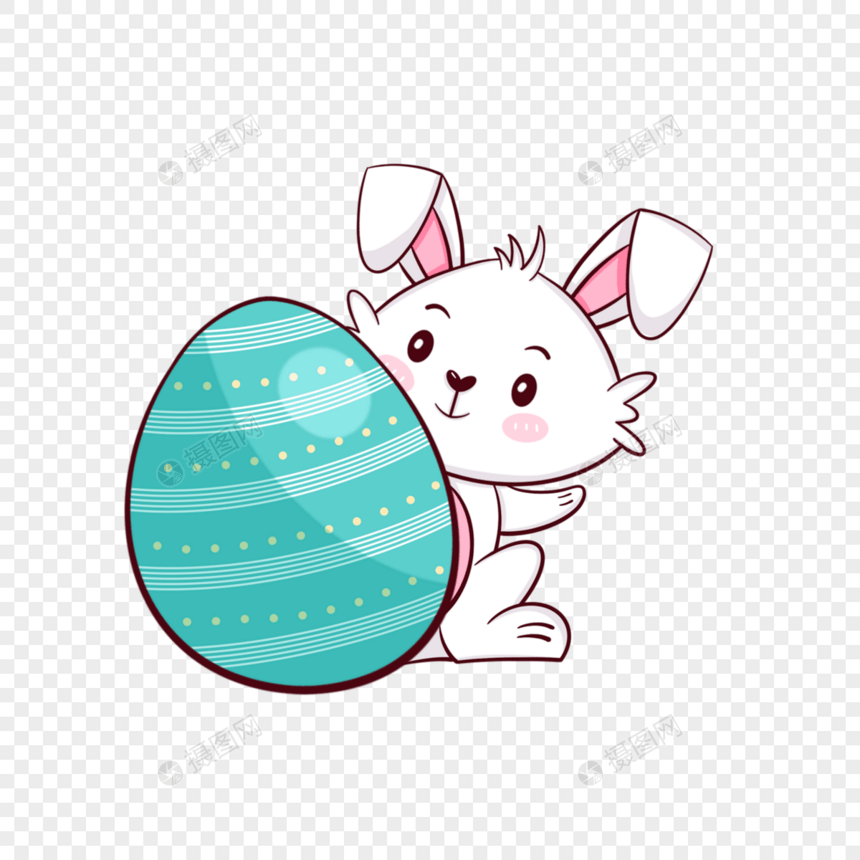 在绿色彩蛋后的复活节卡通可爱兔子图片