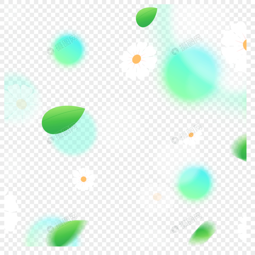 绿色晕染圆球与树叶春天植物光效花卉图片