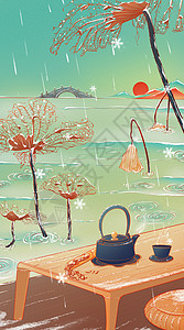 茶具海报冬季下雪煮茶中国风线性插画节气插画大寒二十四节气海报插画