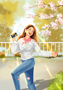 春天来了立春在春日里听音乐起舞的少女背景图片
