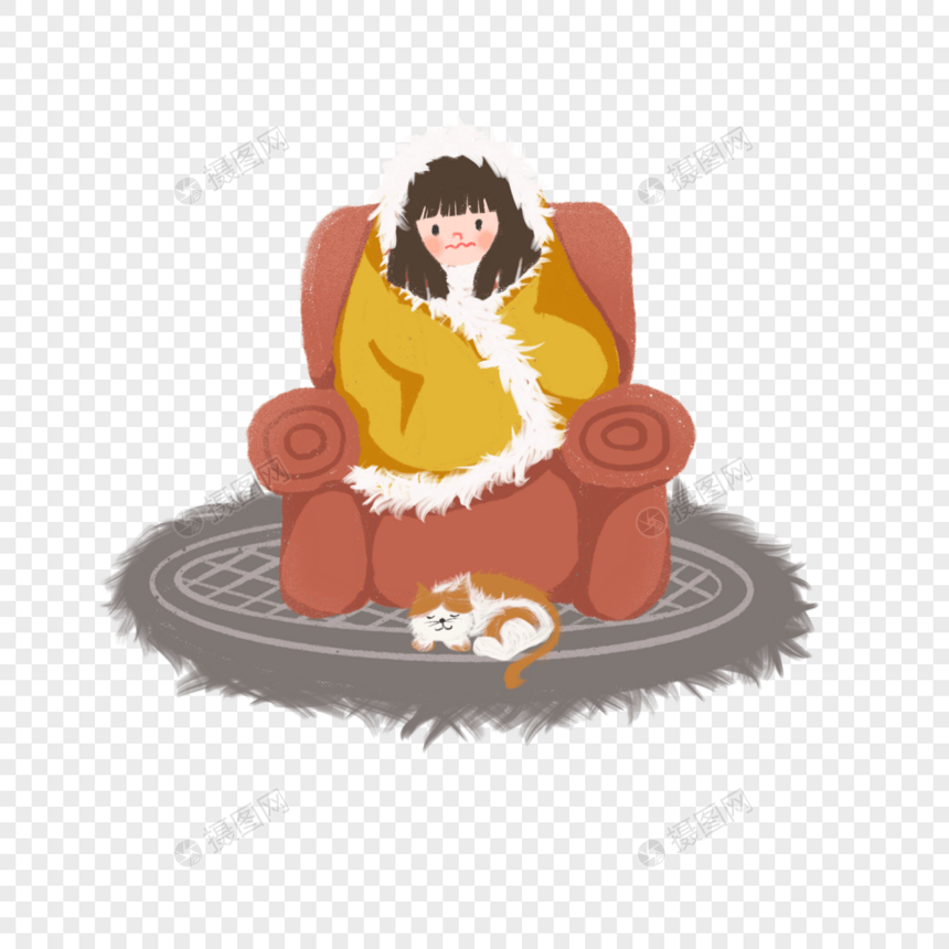 手绘窝在沙发上的女孩元素图片