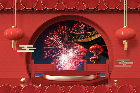 红色窗户喜庆新年电商展示台设计图片
