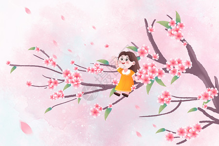 春天唯美水彩樱花桃花背景插画图片