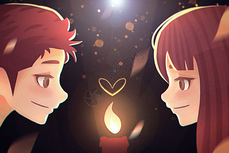 红蜡烛烛光情人节年轻情侣浪漫烛光扁平插画插画