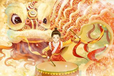 舞狮虎年舞狮打鼓狮子春节新年插画古风插画插画