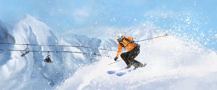 冬天唯美雪景冬天滑雪运动员滑雪场景banner插画插画