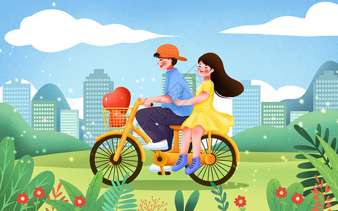 骑着大象的情侣男生骑车带着女生踏青插画