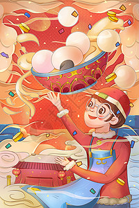 春节新年元宵节云朵汤圆和男孩插画背景图片