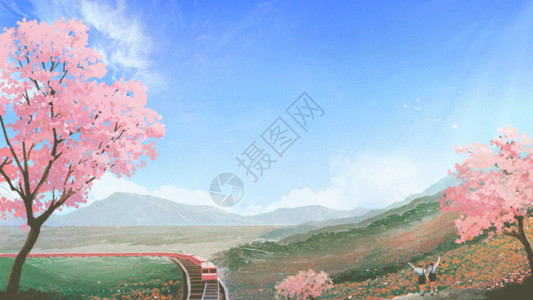 列车风景治愈系唯美开往春天的列车插画gif动图高清图片