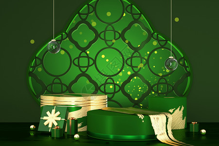 新中式装饰品国潮绿金展台背景设计图片