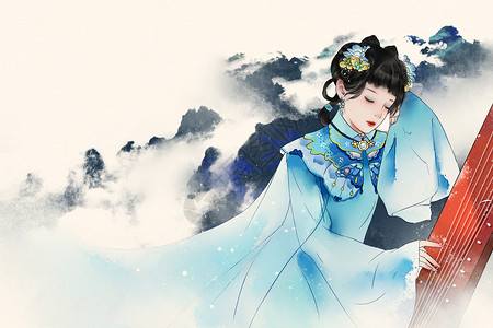 妇女节美女国风水彩月历2月河山插画插画