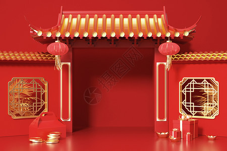 门口灯笼新年开门红国潮背景设计图片
