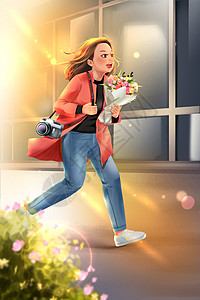 春天抱着花的女孩春天抱着花背着相机奔跑的少女卡通插画插画