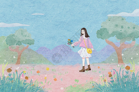 雨水雨中少女水彩风插画图片