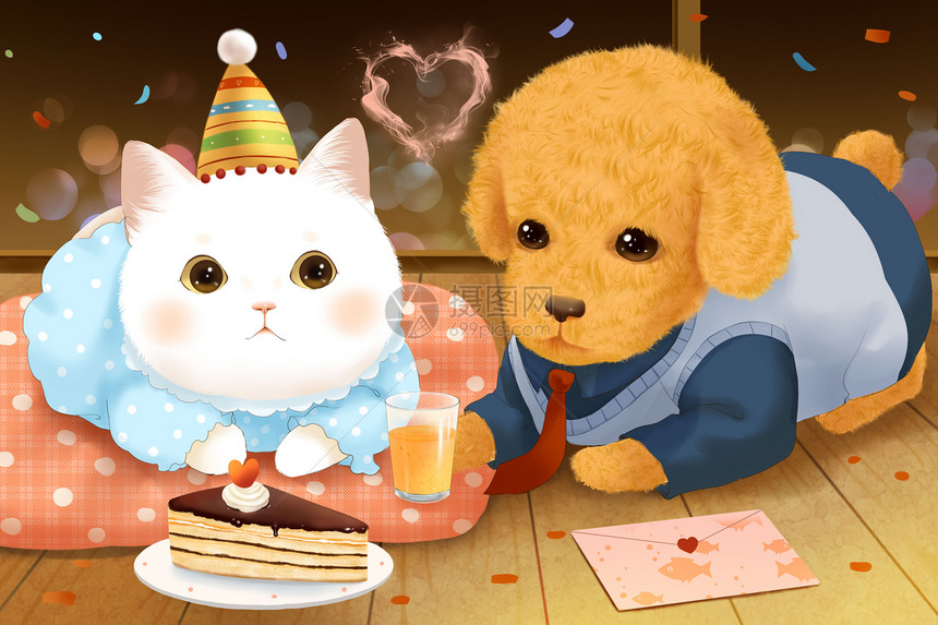 狗狗给猫猫过生日宠物的生日派对萌宠插画图片