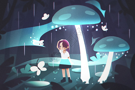 寂静的春天传统节气雨水春天女孩在蘑菇下面避雨卡通肌理噪点插画插画