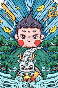 梳子销售海报二月龙抬头节气理头发的小男孩国潮插画插画