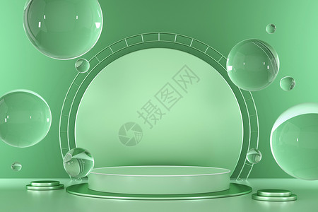 绿色春季促销海报悬浮绿色球体电商背景设计图片