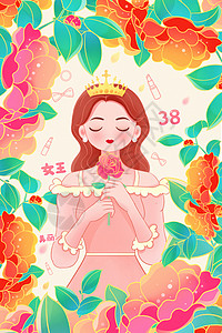 边框粉色玫瑰花国潮浪漫唯美三八妇女节女神节插画插画