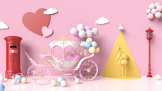 粉色火烈鸟3D唯美情人节场景设计图片