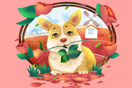 叼着花枝的兔子可爱萌宠柯基叼着玫瑰花插画