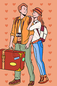 情侣旅行出游提行李箱插画图片