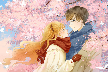 樱花树下的情侣唯美情侣插画图片