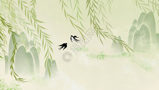 垂柳树新中式春天背景设计图片