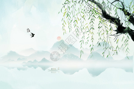 垂柳树清新中式意境春天背景设计图片