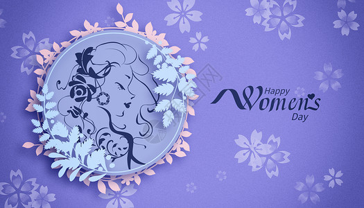 美女手拿盘子紫色花卉妇女节背景设计图片