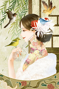 女王节春季新品三八妇女节穿旗袍的女子复古中国风插画插画