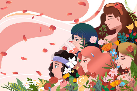 三月惹人醉38国际妇女节不同女性贺卡花卉插画