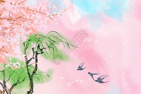 垂柳树清新手绘风春天背景设计图片