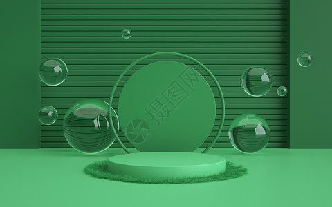 立体漂浮球插图绿色水晶悬浮球展台背景设计图片
