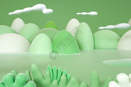 石头绿草3D卡通青山春天场景设计图片