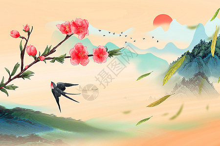 鸟儿飞翔唯美中国风春天背景设计图片