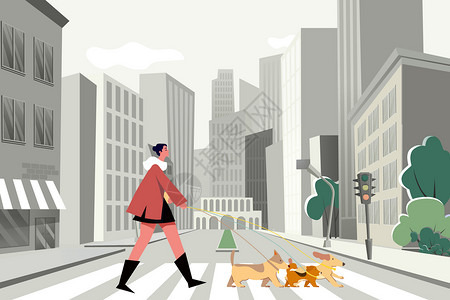 女孩在街道路口遛狗扁平插画背景图片