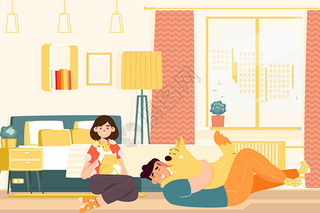 卧室情侣情侣家中和宠物玩矢量插画插画