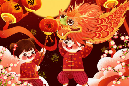 春节舞龙的孩子唯美国风二月二龙抬头福娃戏龙舞龙观灯插画GIF高清图片