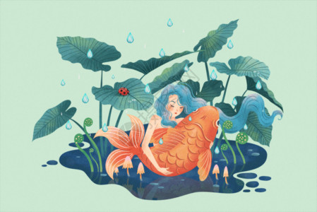 蘑菇下的女孩美人与鱼唯美清新春季节气插画gif动图高清图片