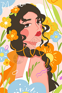 暖色扁平少女黄色花卉装扮插画背景图片