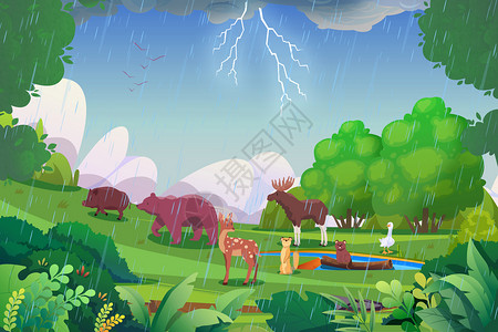 河狸二十四节气之惊蛰春雷降雨森林复苏动物活动插画