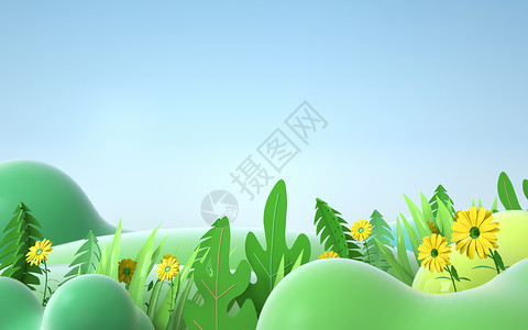 草坪背景插画3d春天花朵背景设计图片