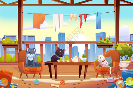 萌宠宠物阁楼阳台可爱的猫狗玩闹卡通插画背景图片